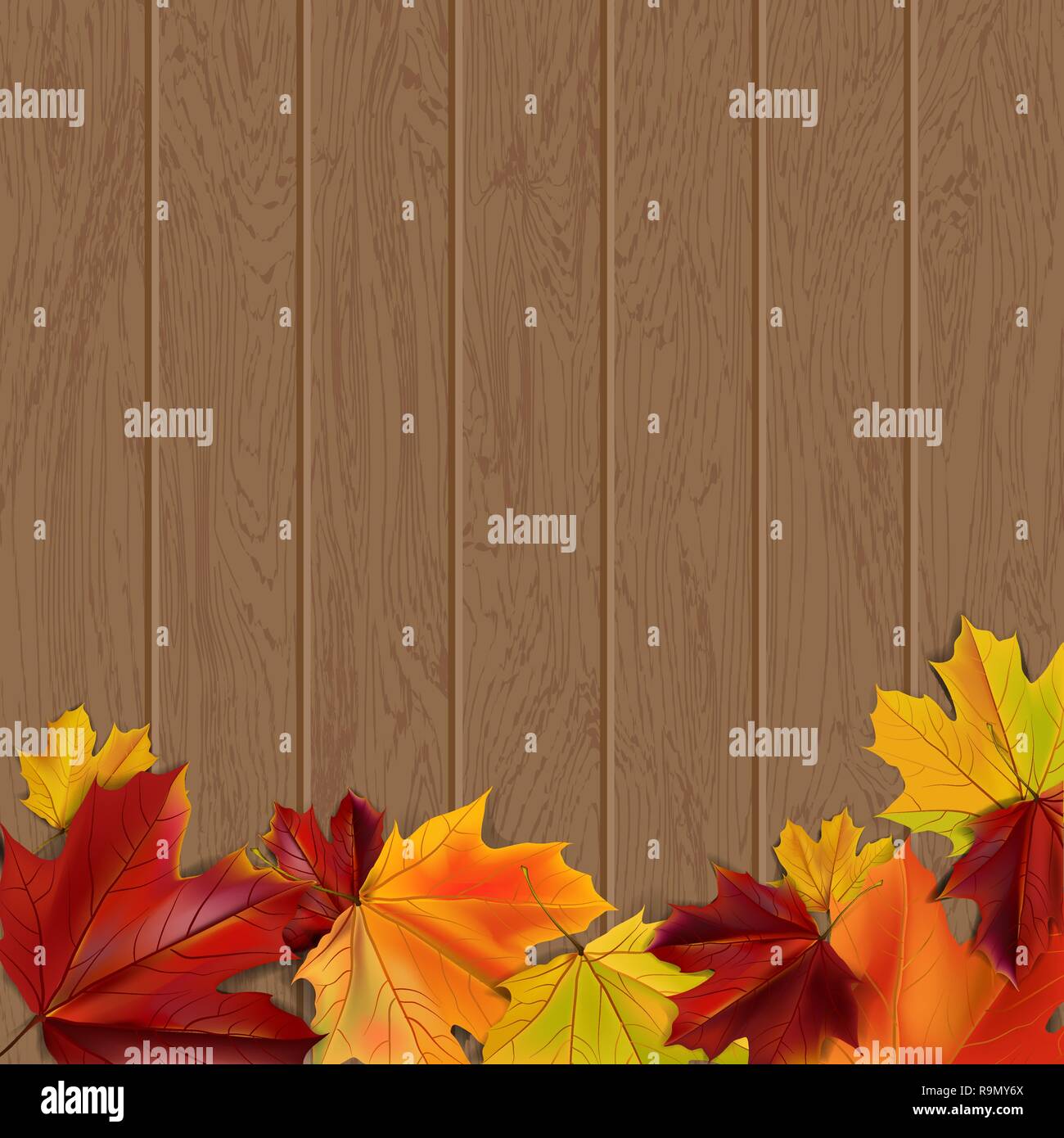 Autumn background with autumn leaves on wooden surface, vector ...
