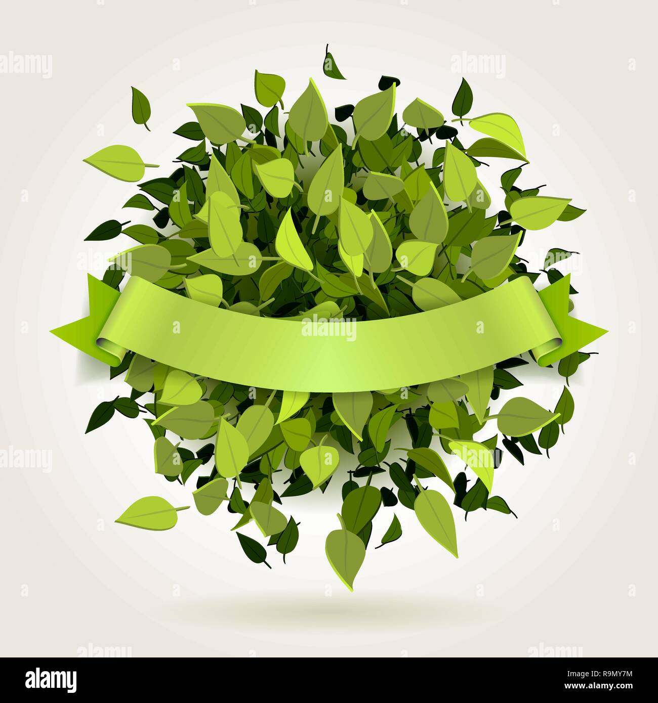 Abstract bright green leaves background with banner, vector ...