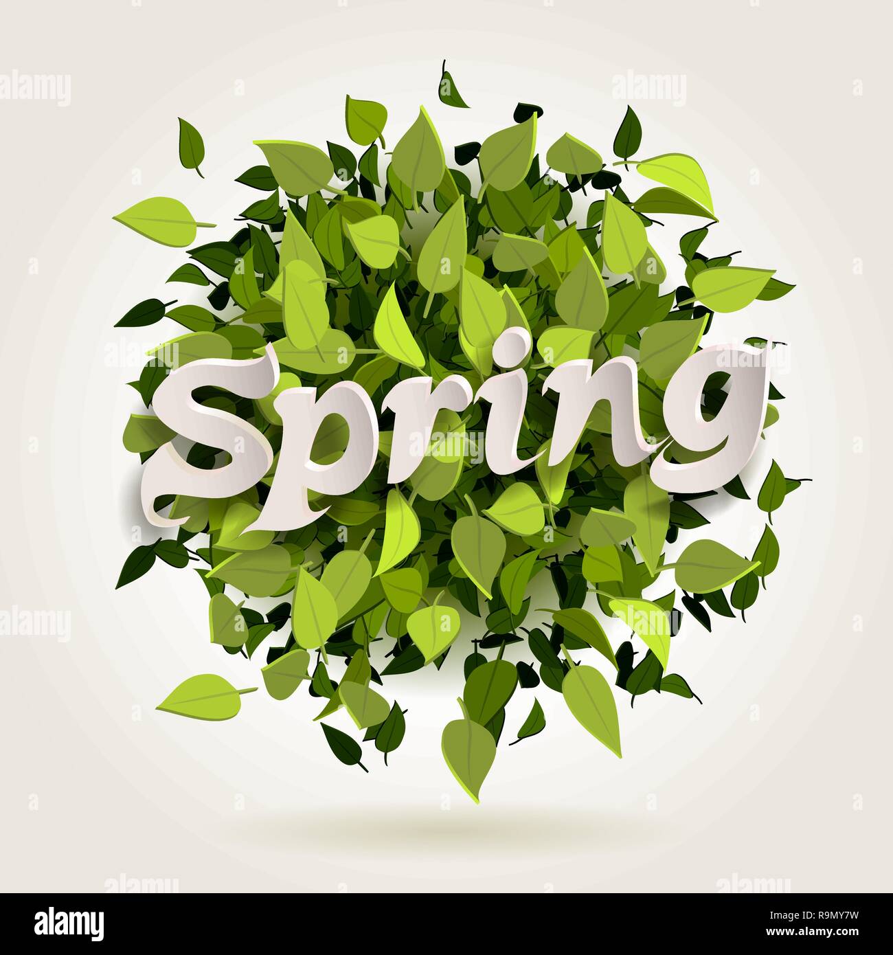 Abstract bright green leaves background with spring letters, vector illustration Stock Vector