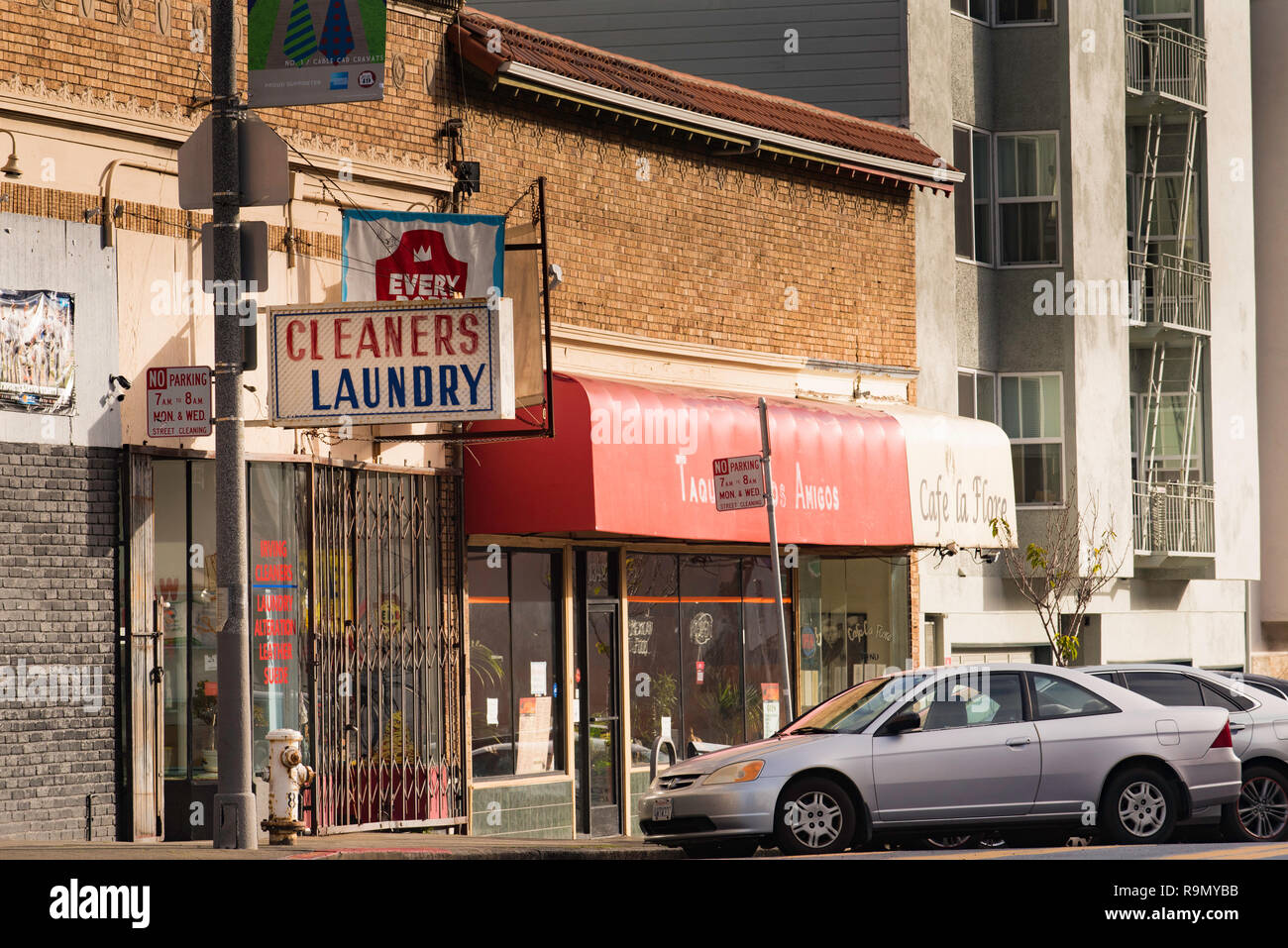 Jan 2017, San Francisco, California USA: A laundry or Dry Cleaner or Cleaner in the suburb of Inner Sunset on a cold but sunny day Stock Photo