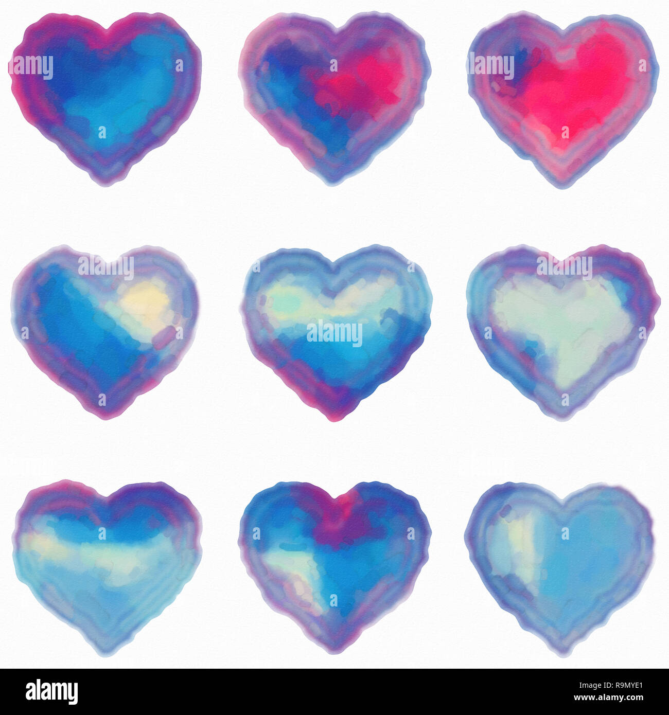 Set of nine colorful hearts. Digital watercolor on white paper. Blue, red, and purple. Graphic resource for designers. Stock Photo