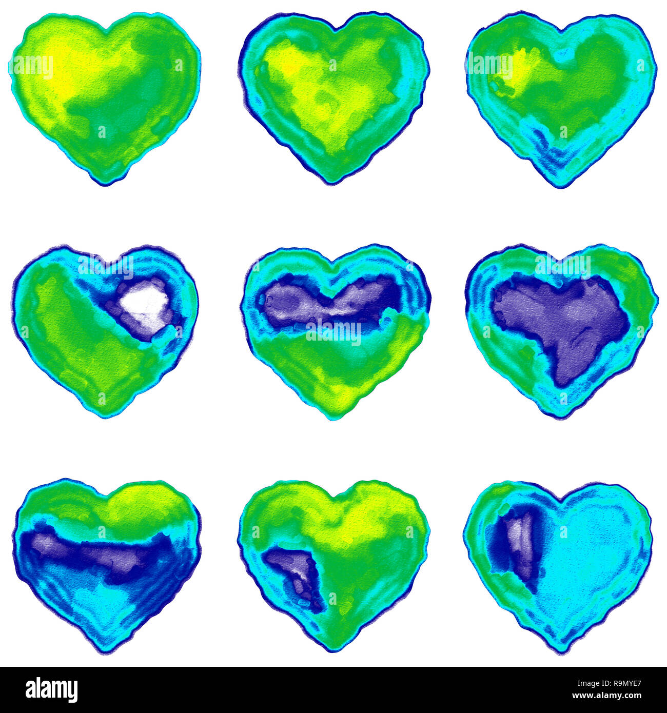 Set of nine colorful hearts. Digital watercolor on white paper. Green, blue, and yellow. Graphic resource for designers. Stock Photo