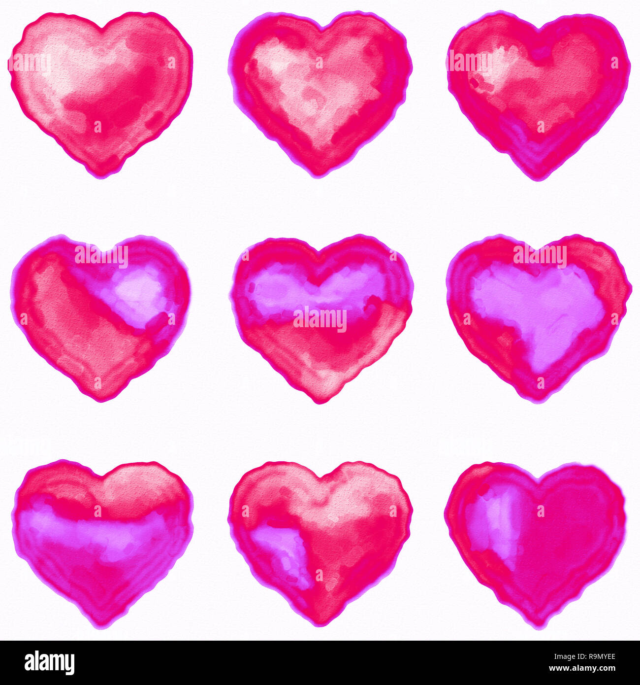 Set of nine colorful hearts. Digital watercolor on white paper. Red, pink, and violet. Graphic resource for designers. Stock Photo