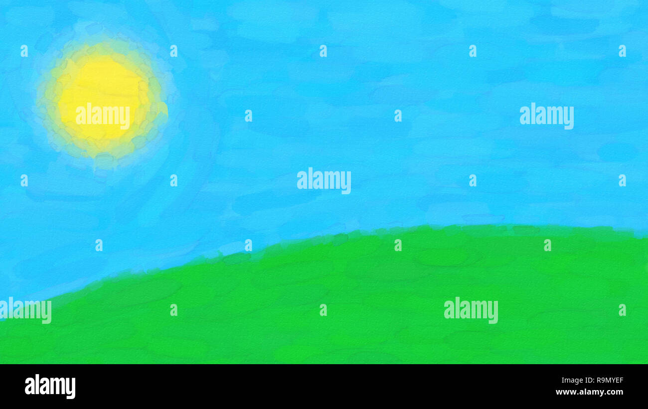 Simple landscape featuring green hill, blue sky, and a Sun, painted in digital watercolors on paper. Stock Photo