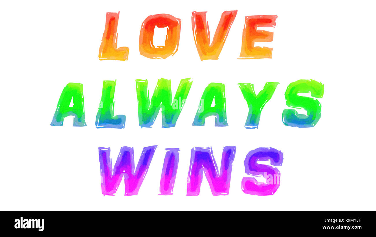 Love Always Wins phrase created with digital watercolors using rainbow pattern on paper. Stock Photo