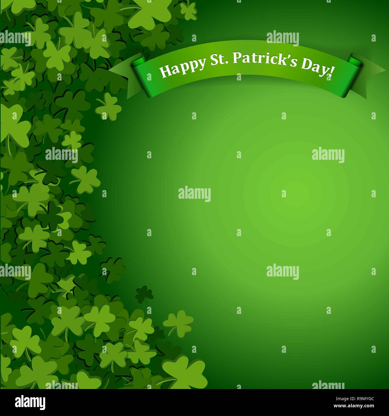 Abstract St. Patrick's Day background with falling clover leaves and banner, vector illustration Stock Vector