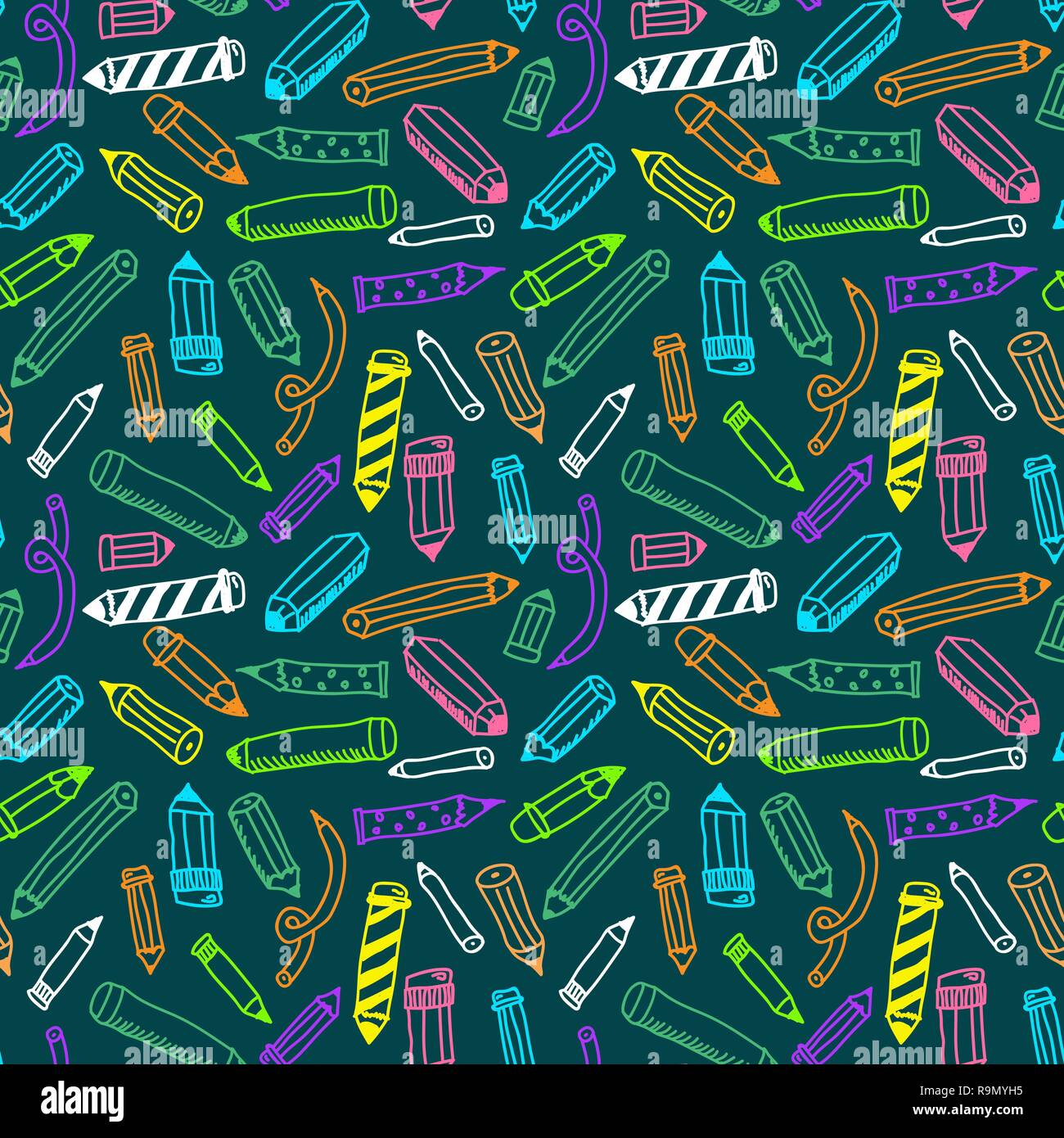 Pencils sketch seamless colorful pattern in doodle style, vector illustration Stock Vector