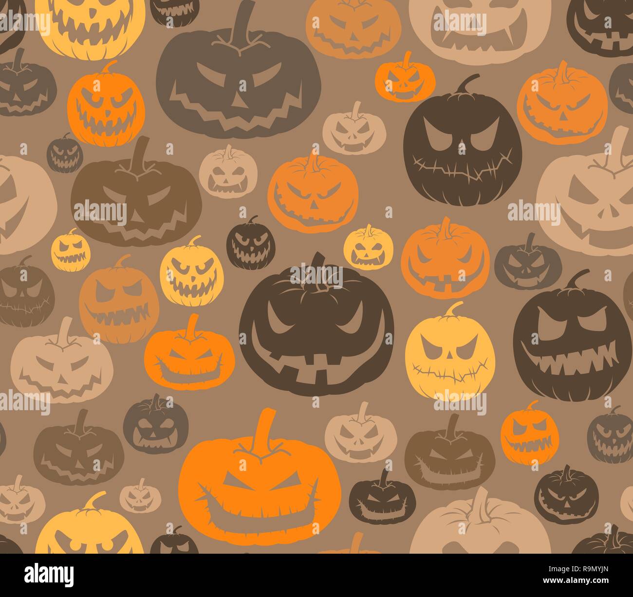 Vector seamless Halloween pattern with set of scary pumpkins Stock Vector