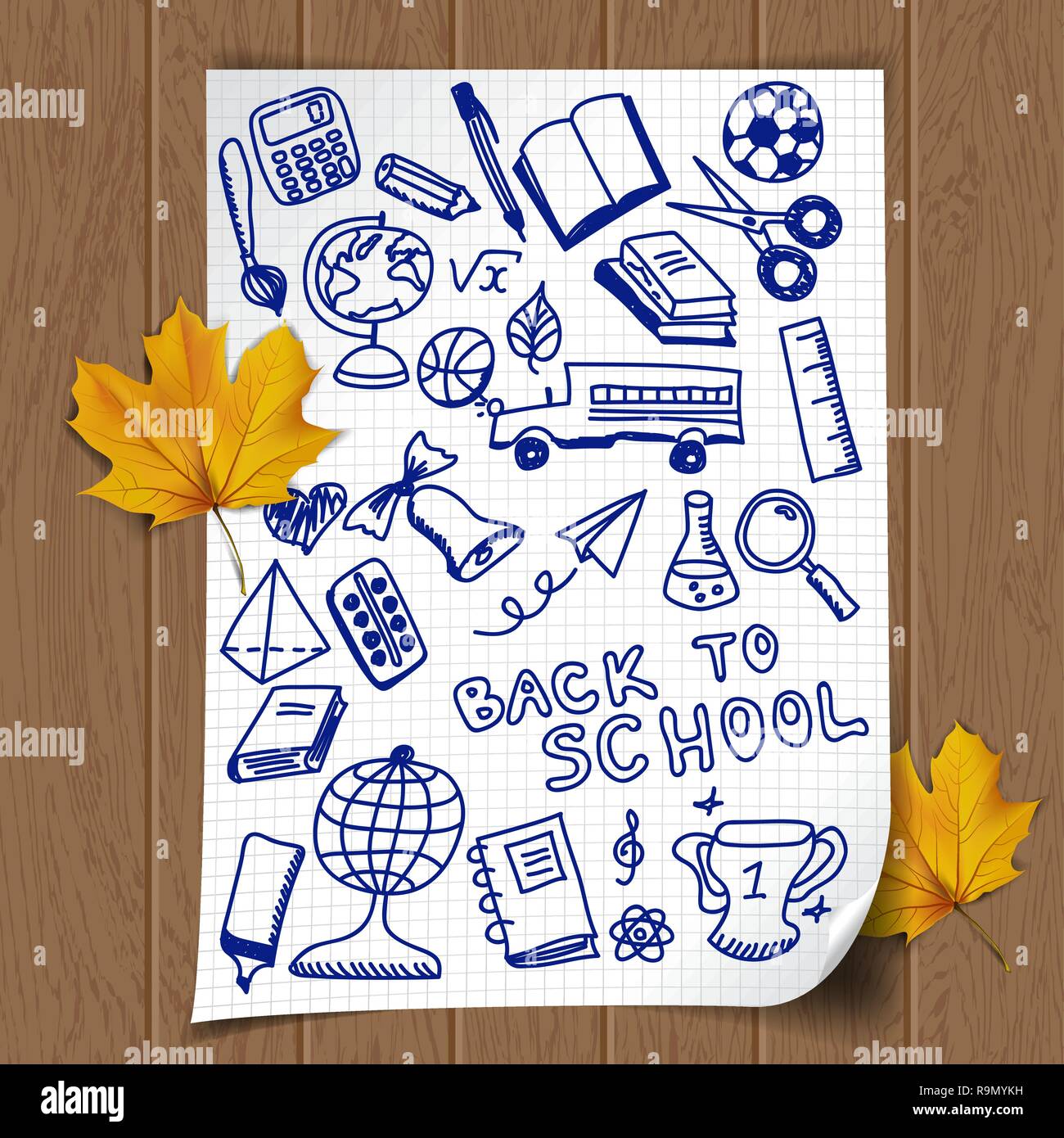 Back to school illustration with sketch school objects drawn on the note page Stock Vector