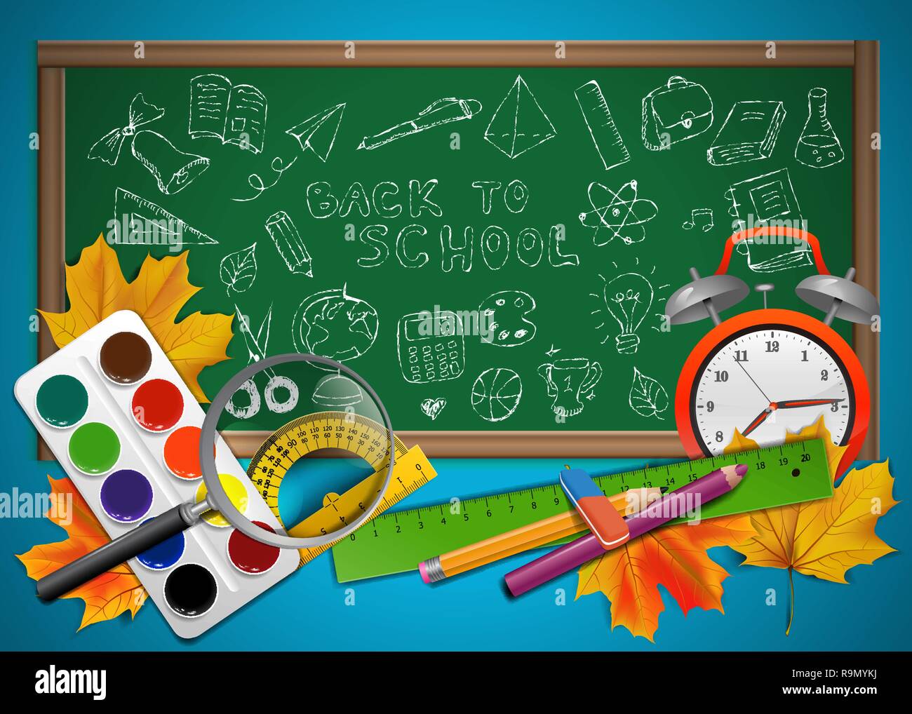 Back to school illustration with sketch school objects drawn on the blackboard Stock Vector