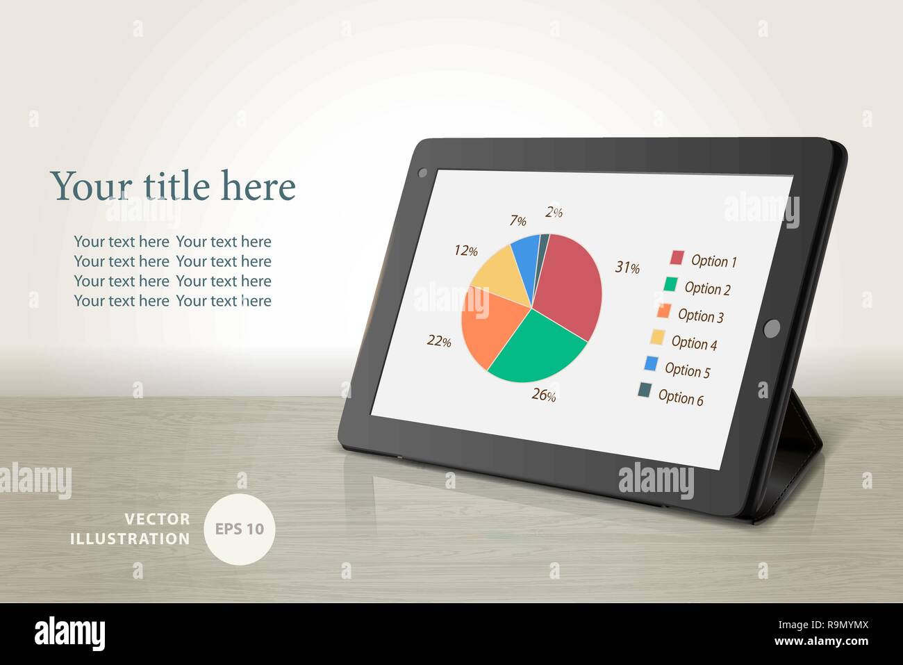 Vector tablet computer on table background, vector illustration Stock