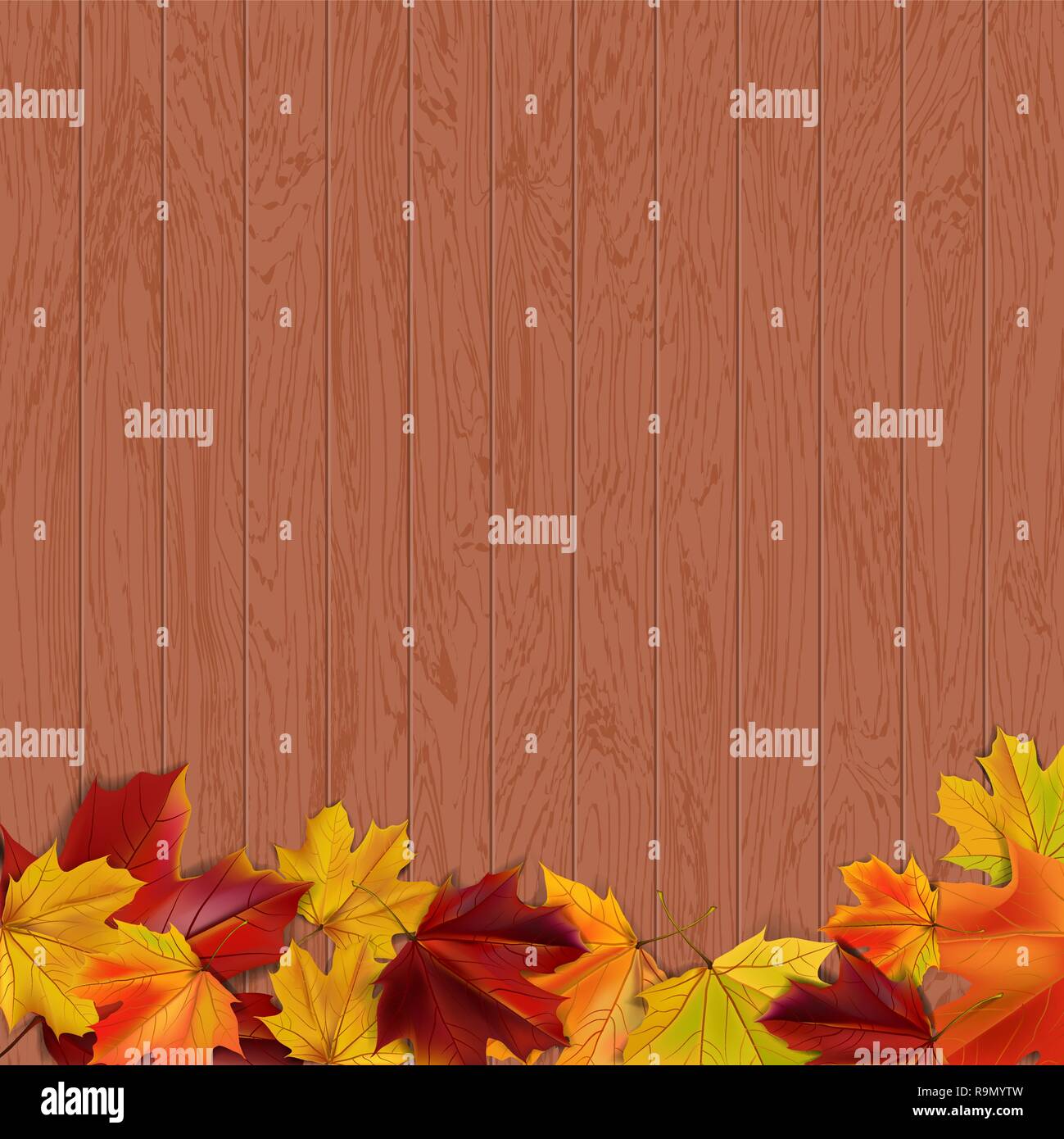 Autumn background with autumn leaves on wooden surface, vector ...