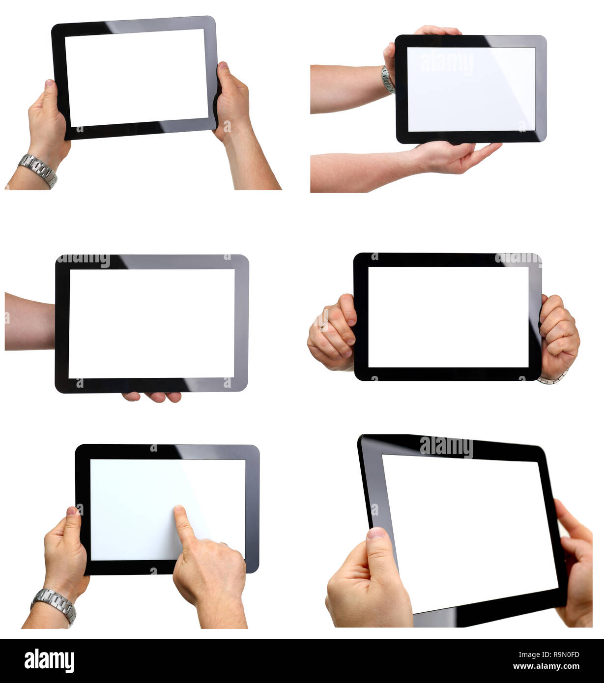 Man hoding black tablet frame in hand Stock Photo