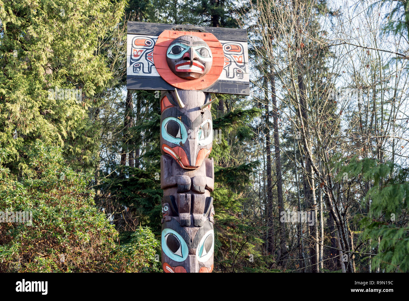 Stanley Park First Nations Totem Poles | Vancouver, British Columbia, Canada Stock Photo