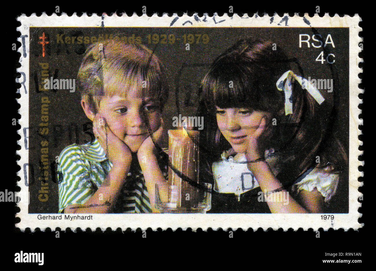 Postage stamp from South Africa in the 50 years of Christmas background series issued in 1979 Stock Photo