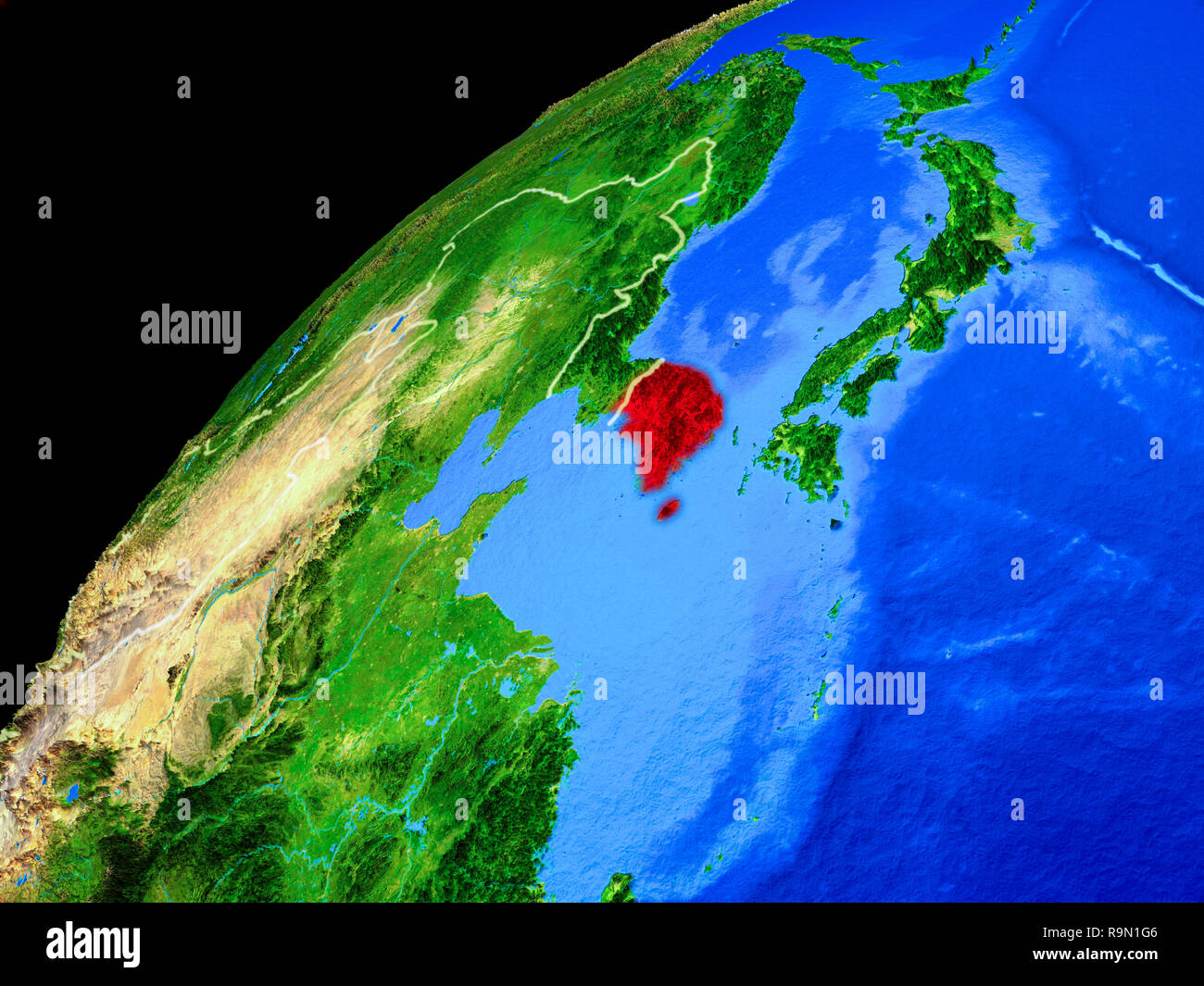 South Korea from space. Planet Earth with country borders and extremely ...