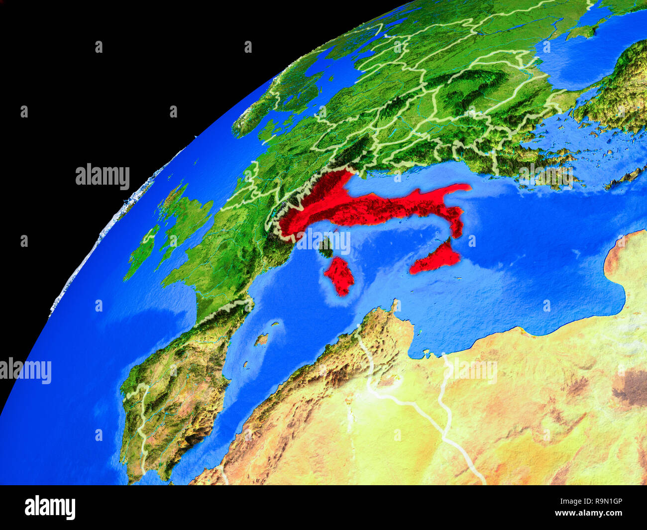 Italy from space. Planet Earth with country borders and extremely high ...