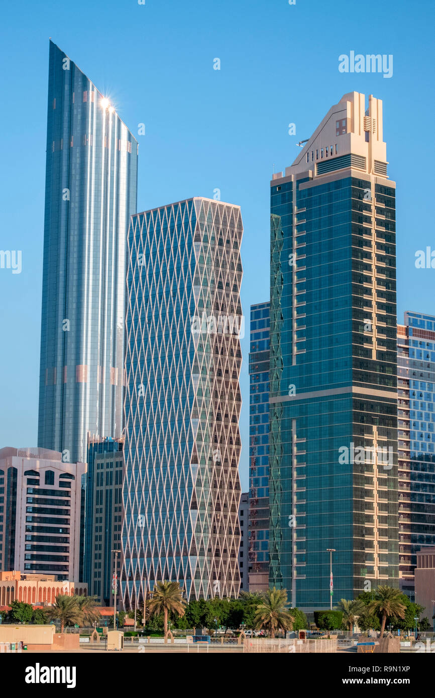 Vertical photo of the Abu Dhabi skyline, taken from the waterfront. Stock Photo
