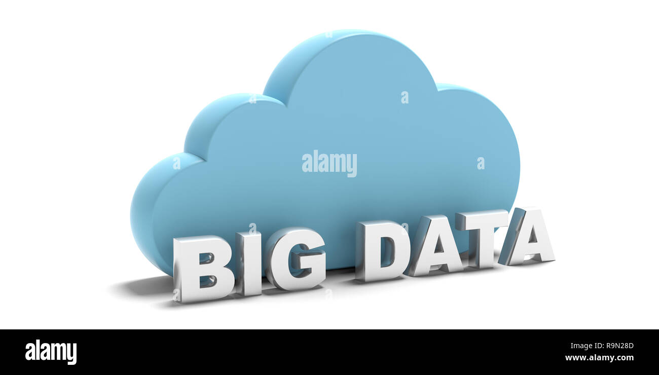 Big Data, internet of things concept. Big data text and a blue cloud isolated on white background. 3d illustration Stock Photo