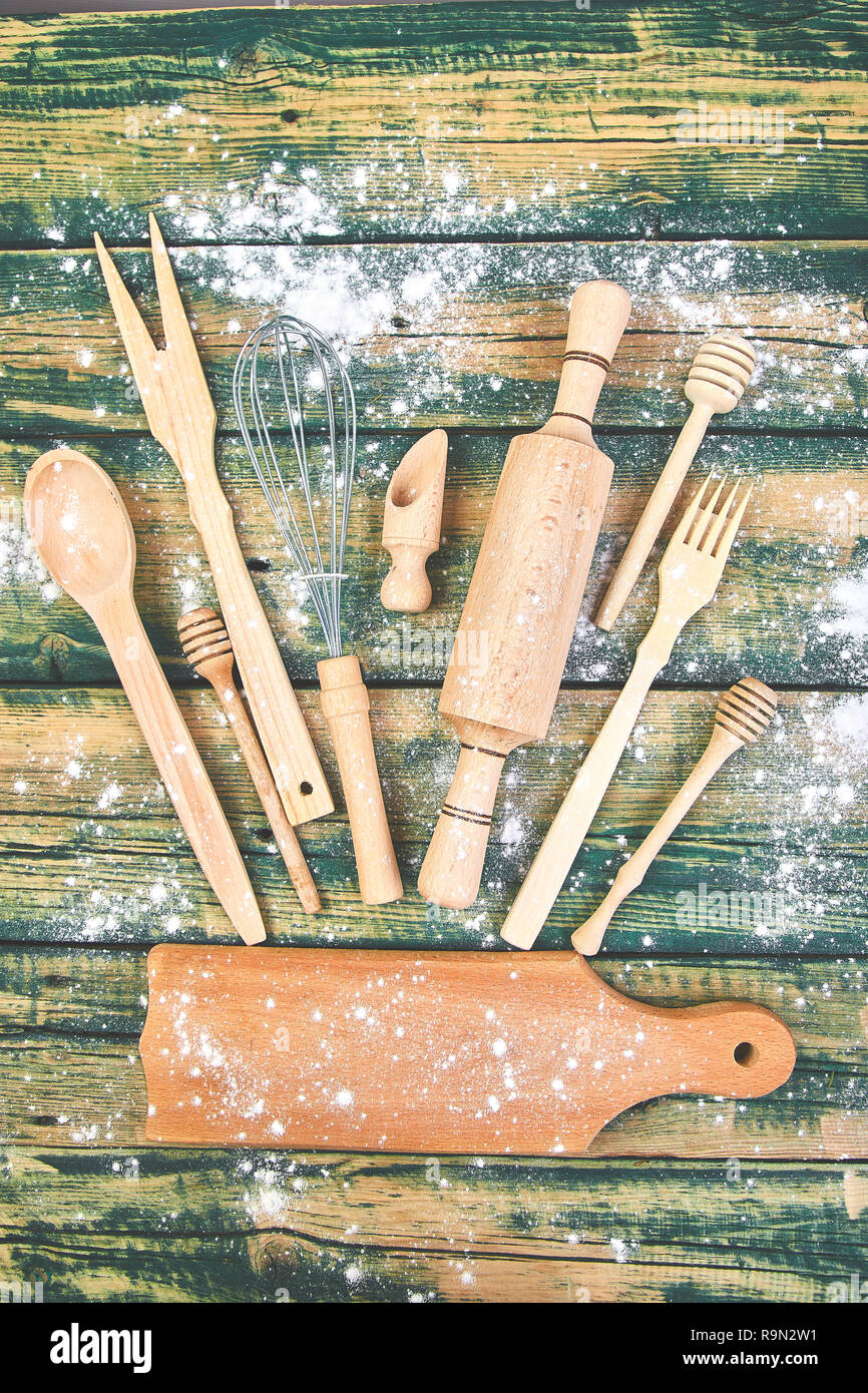 Cooking or baking food background with kitchen utensils, rolling pin ...