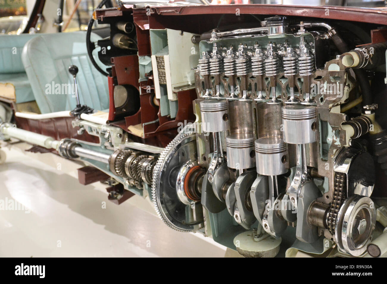 1965 MG MGB GT. Inside the engine. The British Motor Museum, Gaydon, Warwickshire, UK Stock Photo