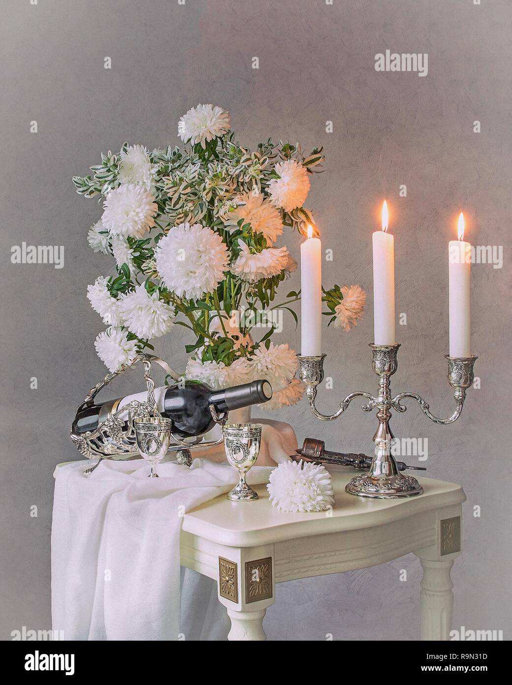 Still life with bouquet of white aster flowers Stock Photo - Alamy