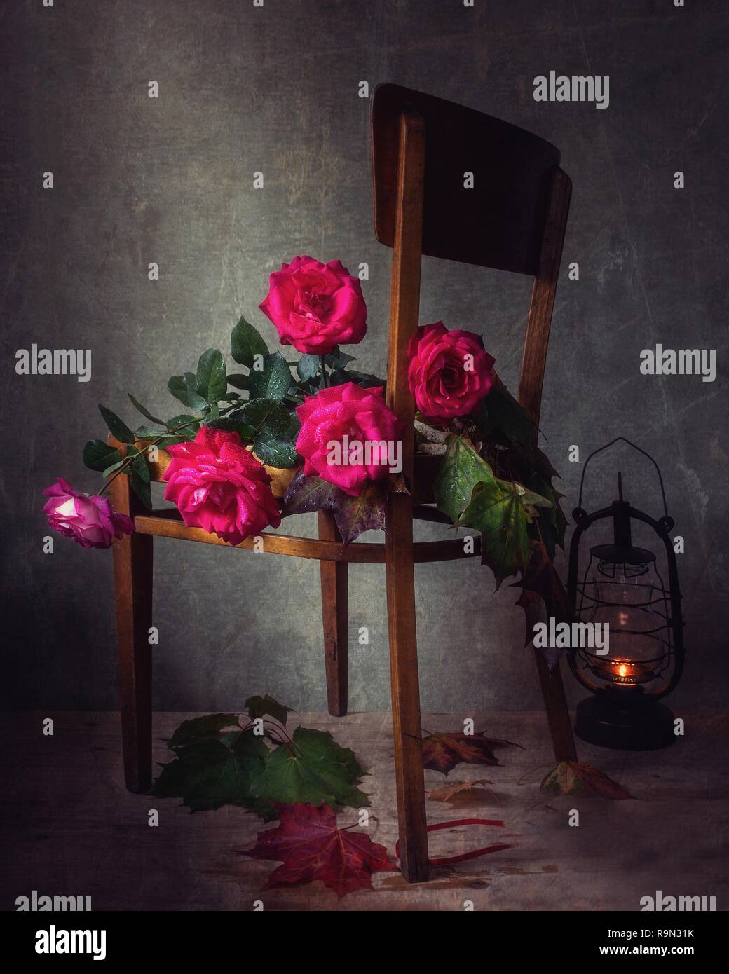 Still life with bouquet of roses Stock Photo - Alamy