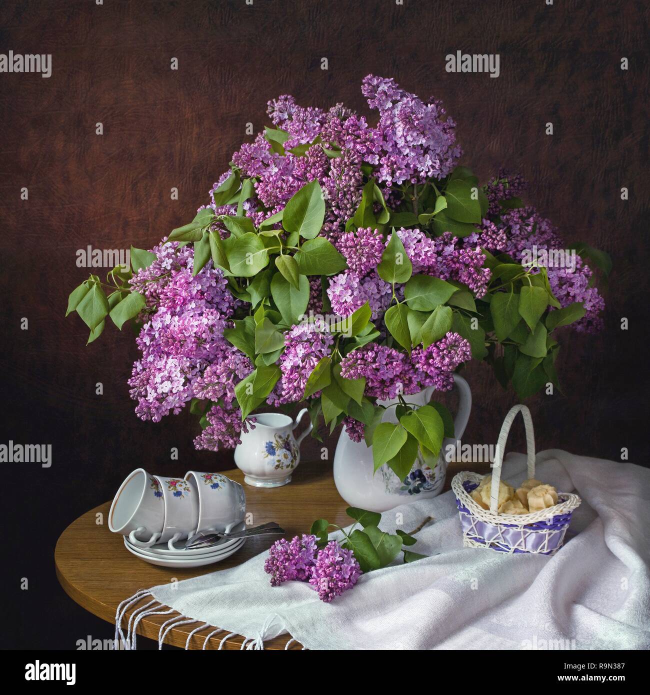 Still life with bouquet of lilac Stock Photo - Alamy