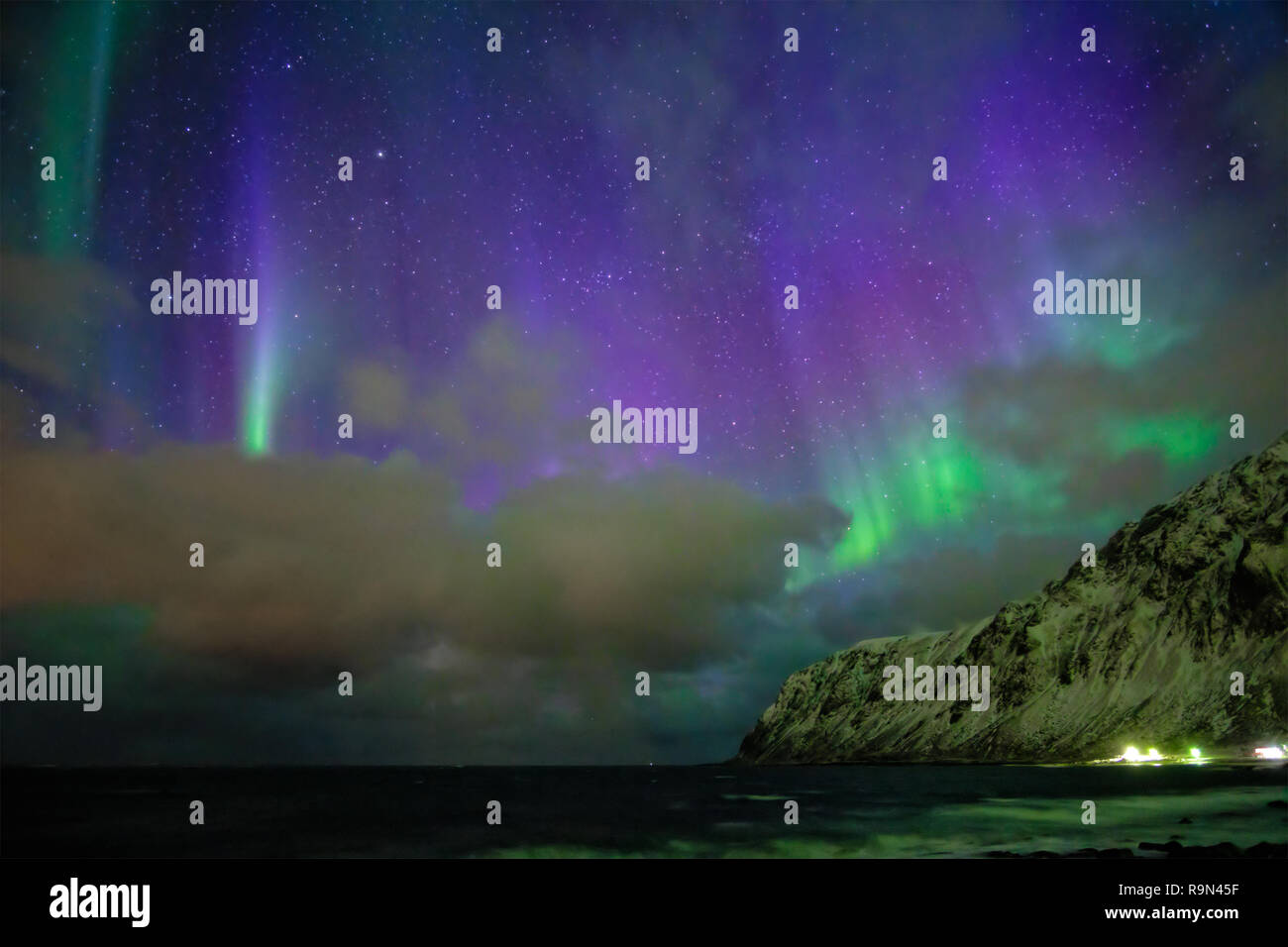 Aurora borealis northern lights. Lofoten islands, Norway Stock Photo ...