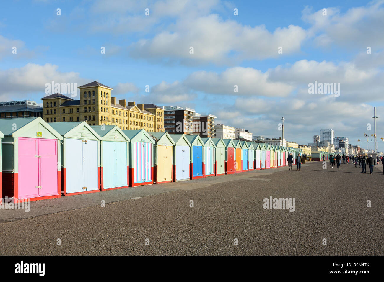 Colourful beach huts on Hove Promenade, Brighton, East Sussex, England, UK Stock Photo