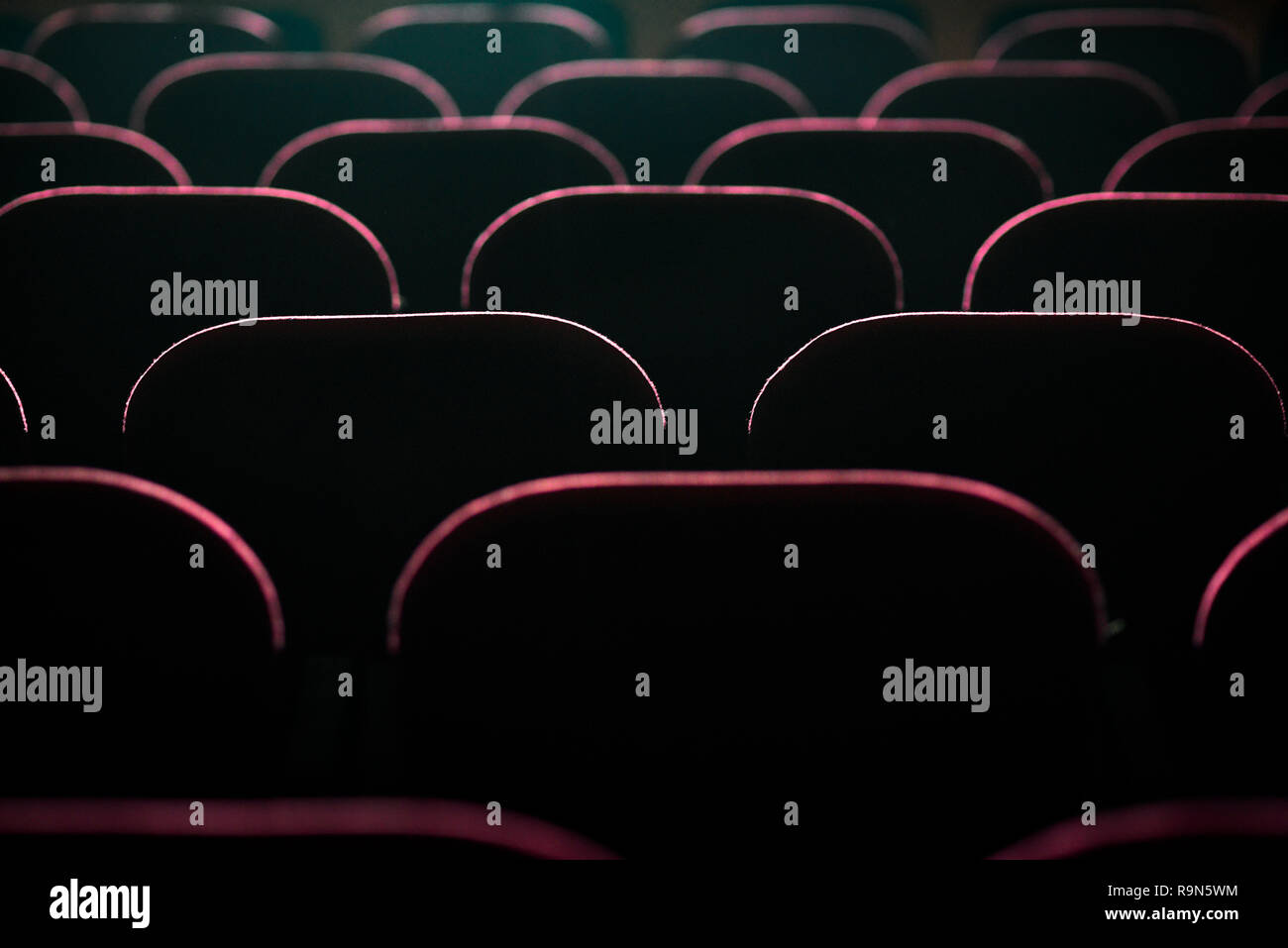 Seats in the cinema illuminated by the light from the screen. Stock Photo