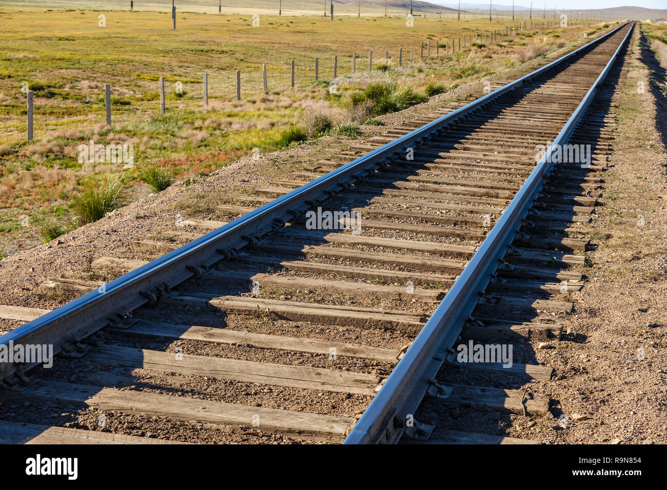 Transmongol Railway, single-track railway in steppe, Mongolia Stock Photo