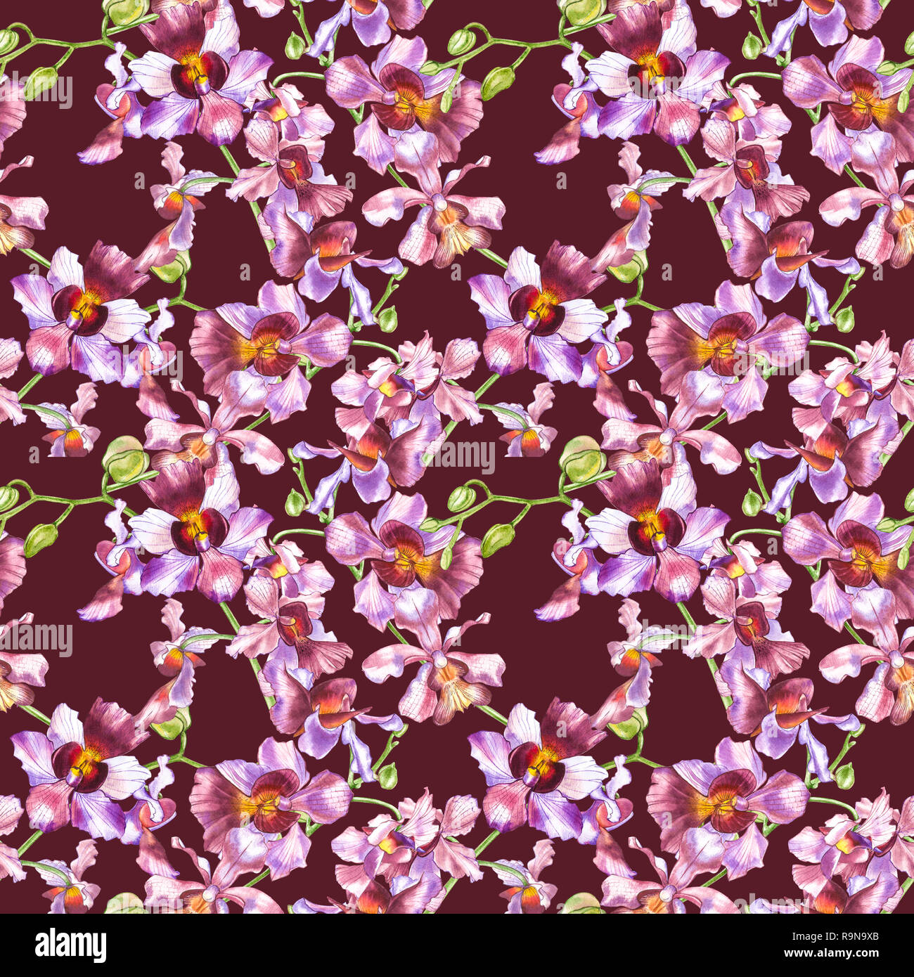 Watercolor orchid branch, hand drawn floral seamless pattern background ...