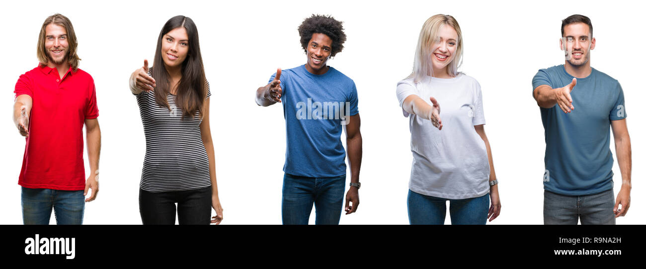 Composition of african american, hispanic and caucasian group of people over isolated white background smiling friendly offering handshake as greeting Stock Photo