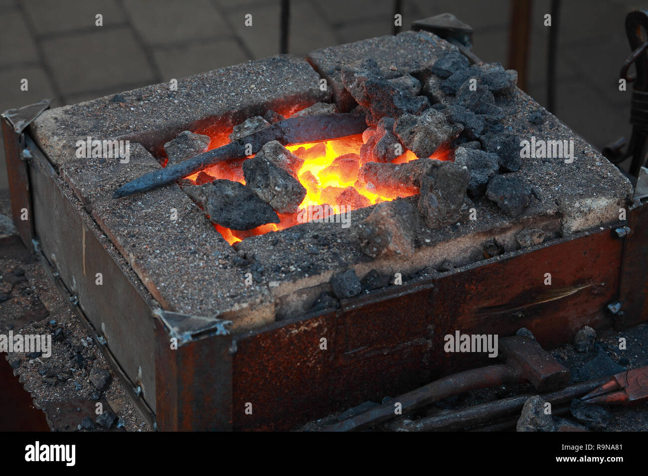 Forge, brazier with hot coals, close-up Stock Photo