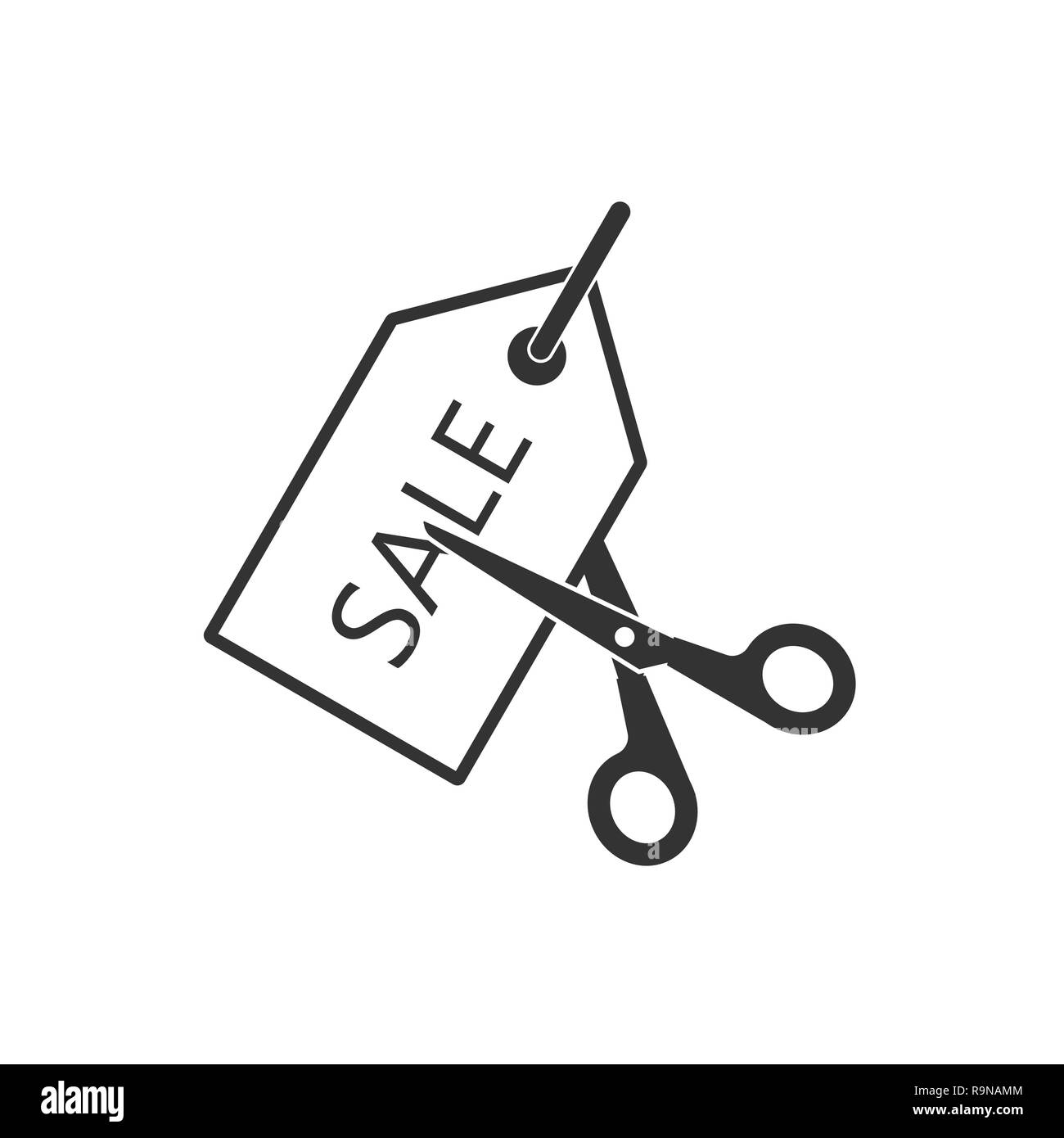 Scissors cutting price tag icon. Vector illustration, flat design Stock