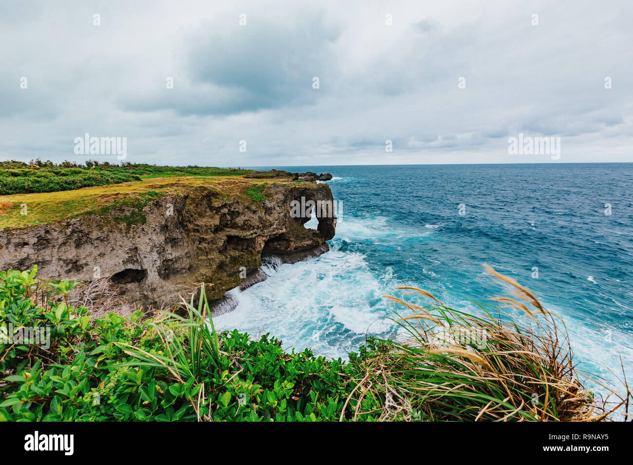 Scenery of Manzamo Cape in Okinawa, Japan, The famous place for traveling in Okinawa, Japan, copy space Stock Photo