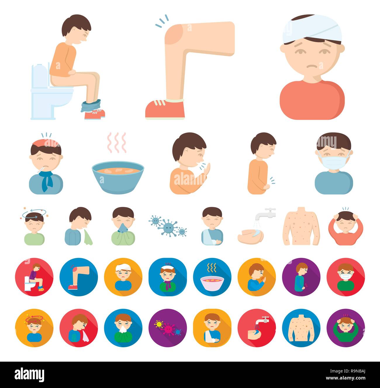 abdominal,art,cartoon,flat,collection,cough,design,diarrhea,disease,diseased,dizzziness,fever