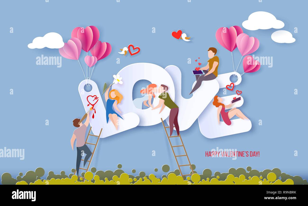 Valentines day card with couple sitting on big letters LOVE and sending red hearts with their smartphones, kissing and painting on blue sky background. Vector paper art illustration. Paper cut style. Stock Vector