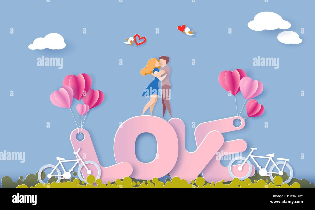 Valentines day card with couple standing hugging on big letters LOVE ...