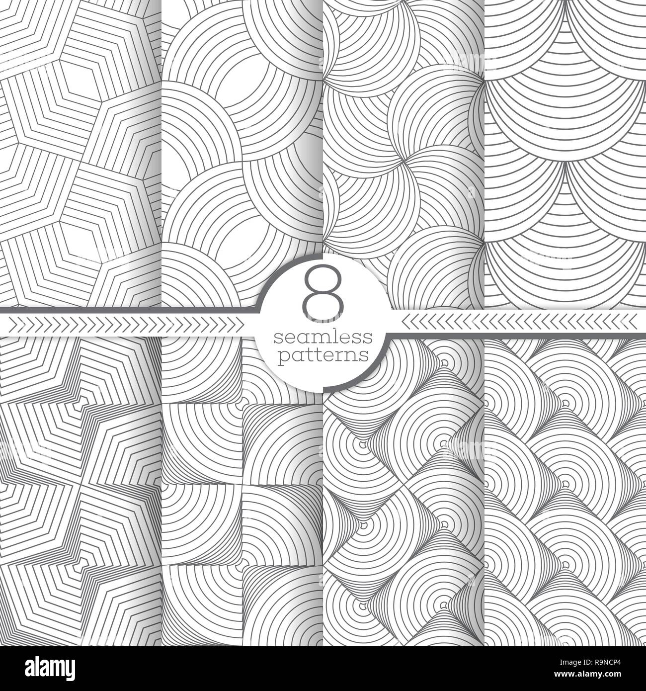 Set of vector seamless patterns. Stylish modern geometric textures. Regularly repeating geometrical seamless backgrounds with thin lines. Stock Vector