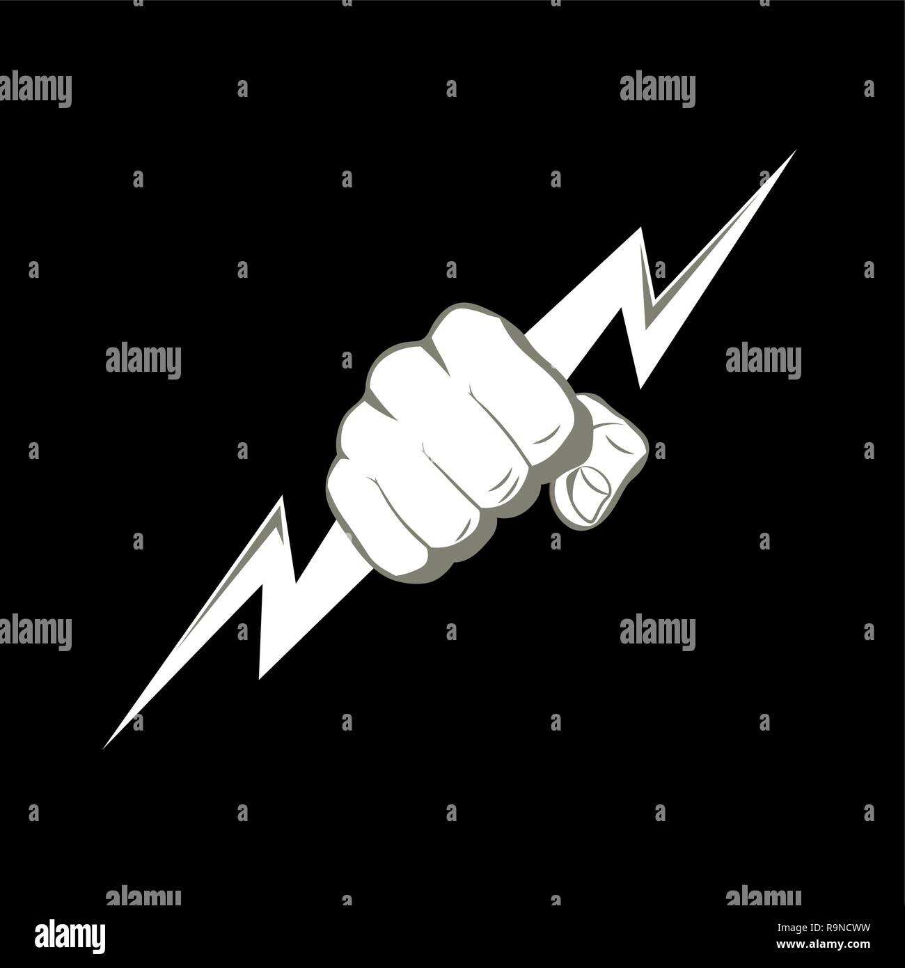 The fist squeezing a lightning. The vector illustration symbolizing force, the power. A logo, a sign for the power companies, fight club. Design eleme Stock Vector