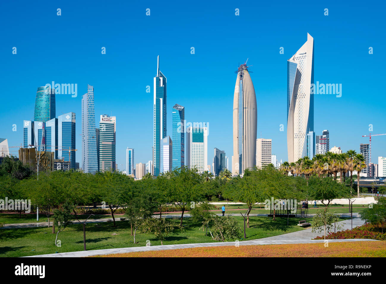 Daytime skyline of downtown Kuwait City from Al Shaheed Park in Kuwait, Middle East Stock Photo