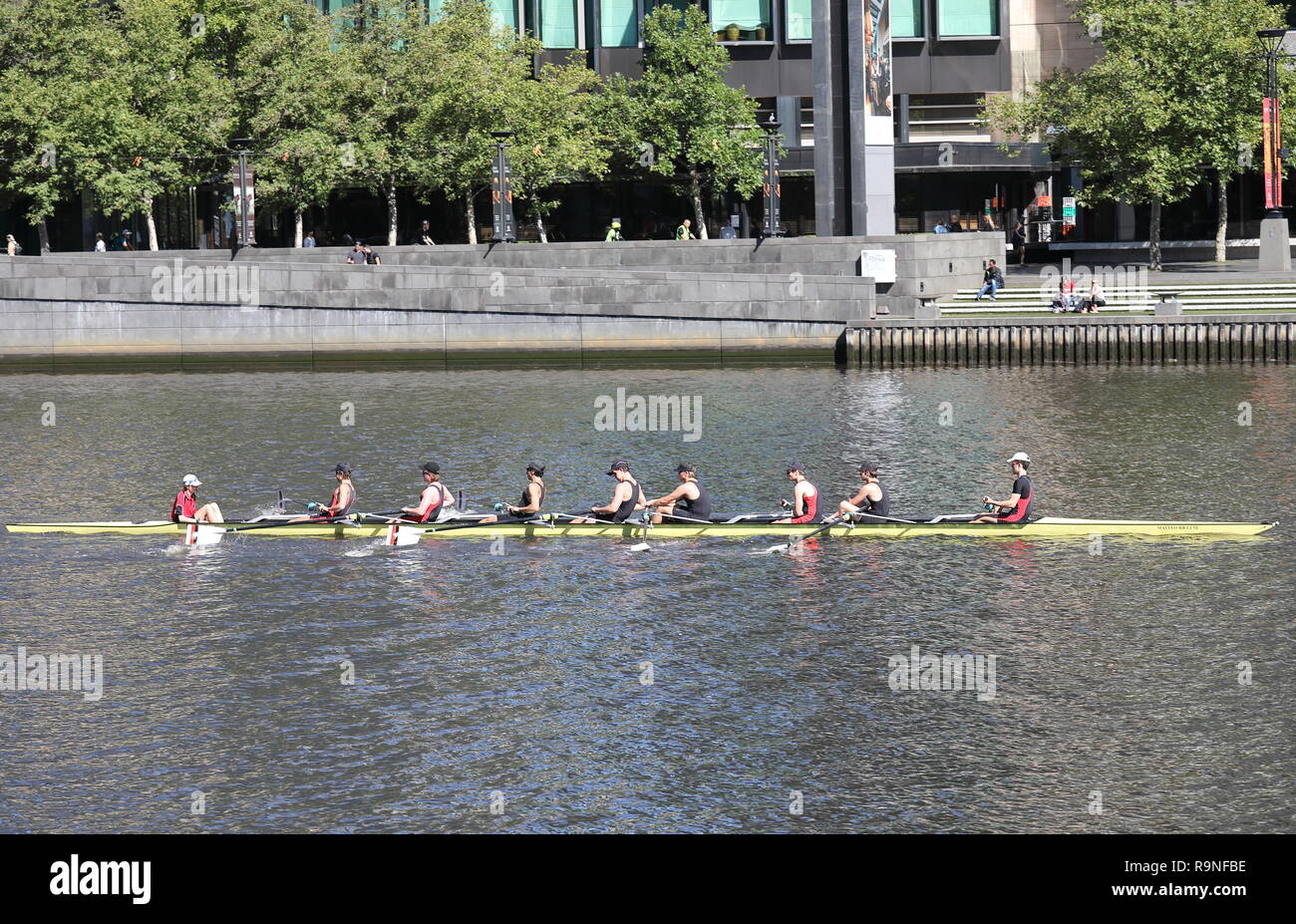 People train for canoeing in Yarra river Melbourne Australia Stock