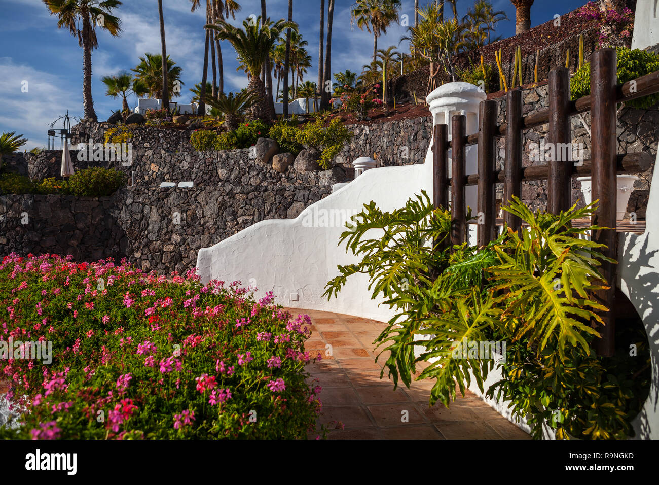 COSTA ADEJE,TENERIFE - APRIL 8,2014: Beautiful Hotel Jardin Tropical in Costa Adeje in Tenerife, Canary Islands, Spain, near promenade. Stock Photo