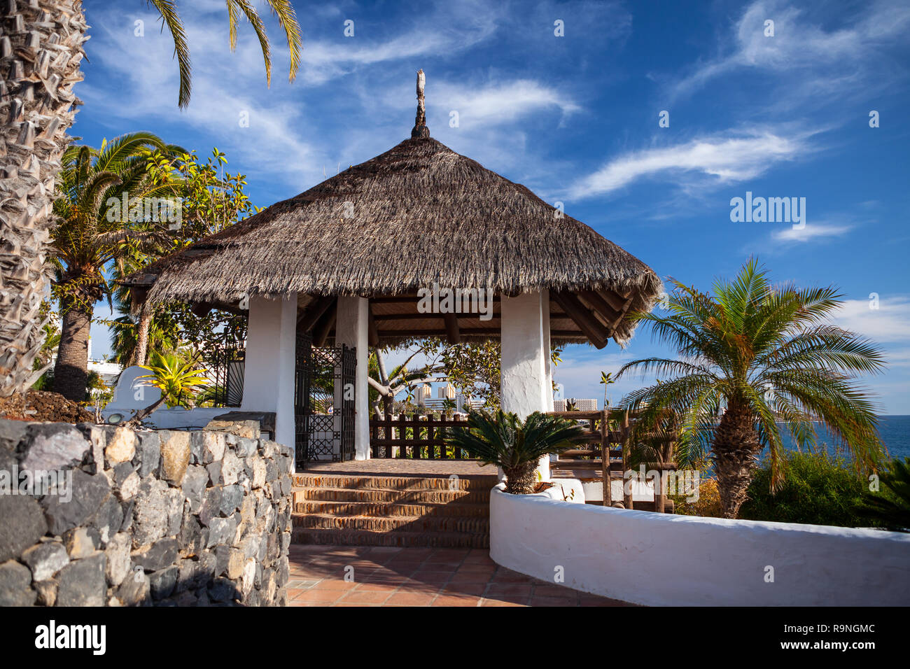 COSTA ADEJE,TENERIFE - APRIL 8,2014: Beautiful Hotel Jardin Tropical in Costa Adeje in Tenerife, Canary Islands, Spain, near promenade. Stock Photo