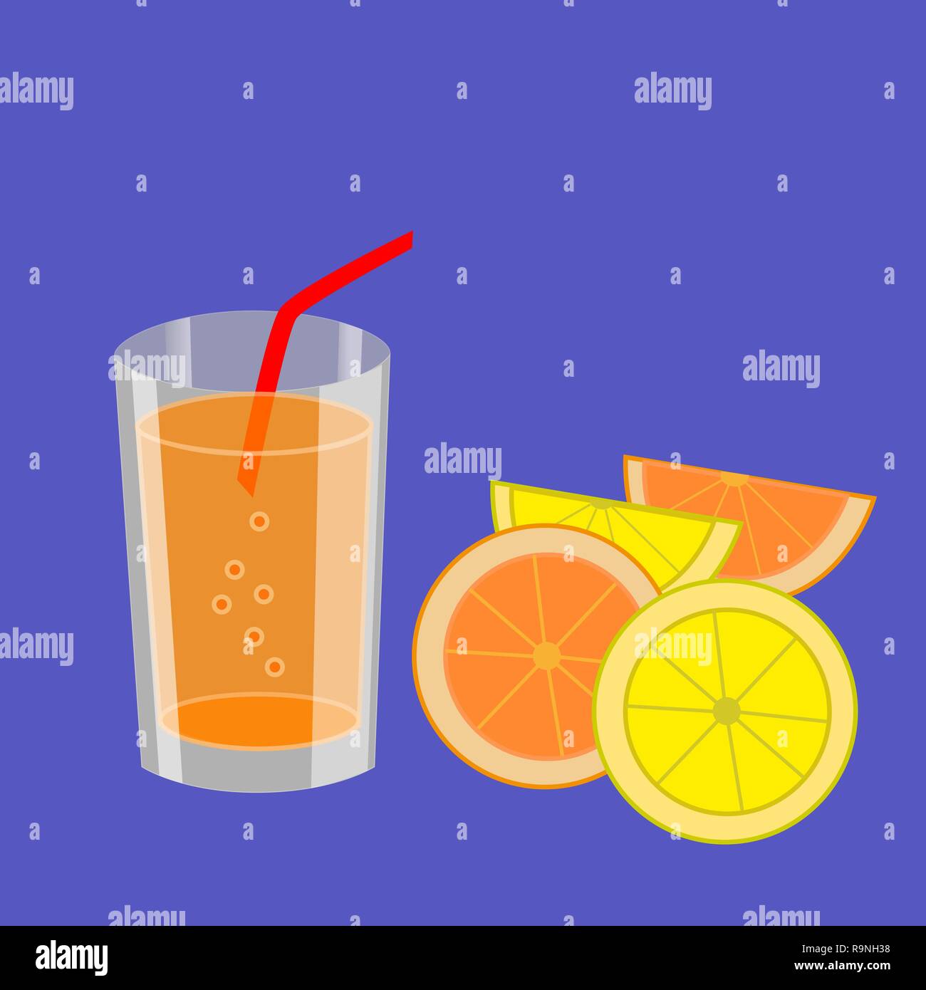 Refreshing carbonated lemon and orange cocktail isolated with blue