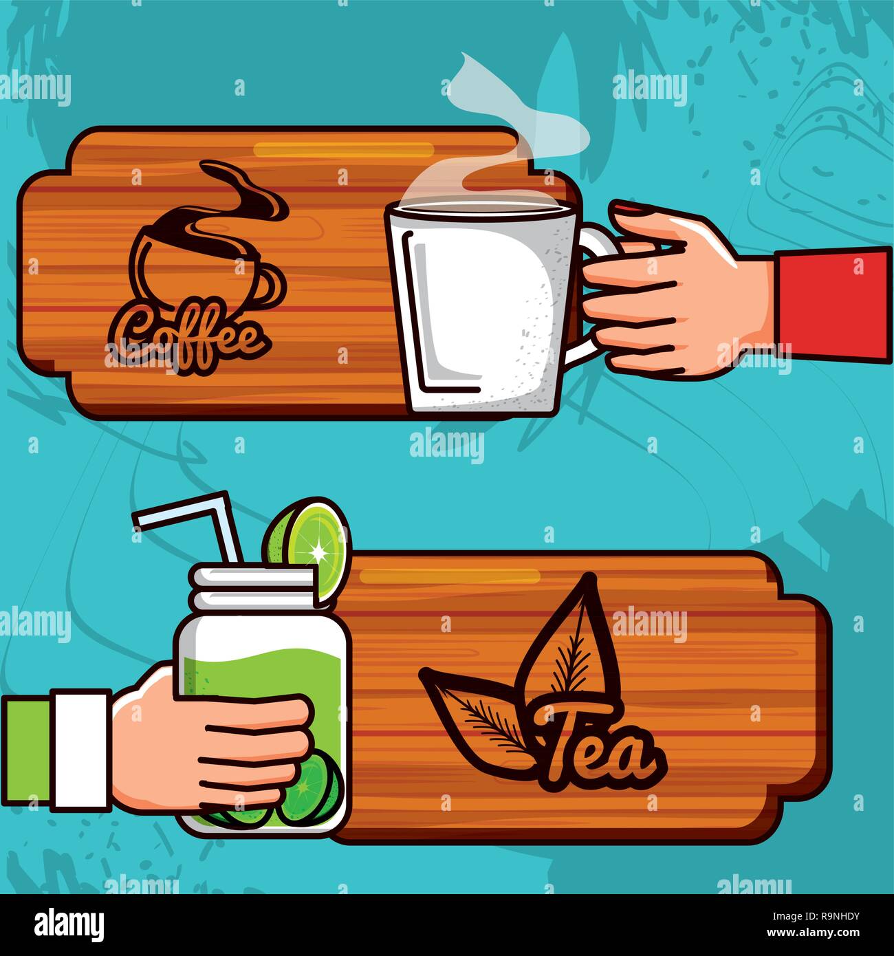 hands with cups of coffee and tea vector illustration design Stock ...