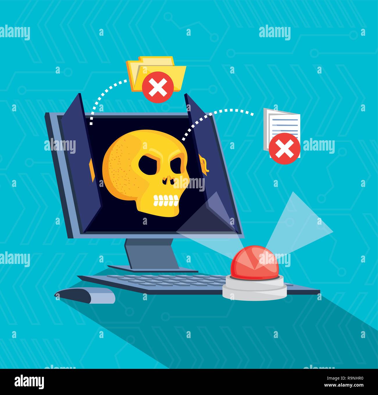 desktop computer with set icons cyber security vector illustration ...