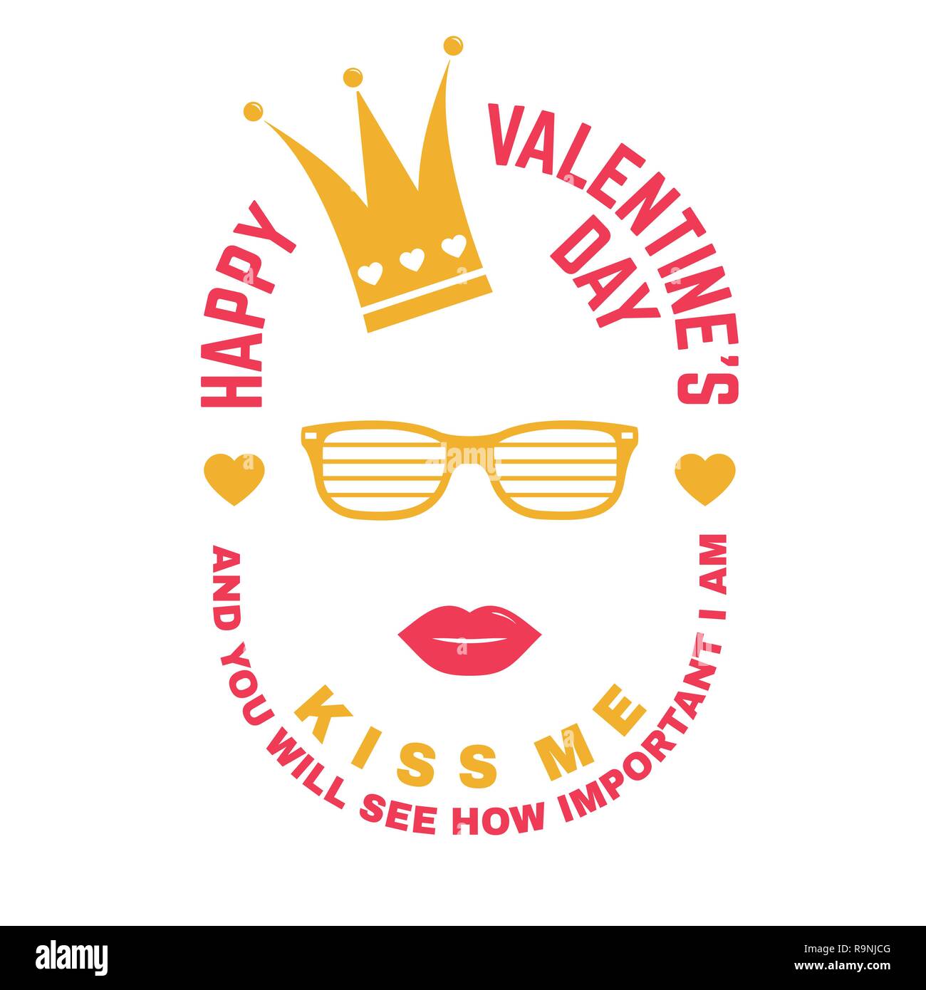 Happy Valentines Day. Stamp, overlay, badge, sticker, card with crown, lips and glasses. Vector. Vintage typography design for invitations, Valentines Day romantic celebration emblem in retro style Stock Vector